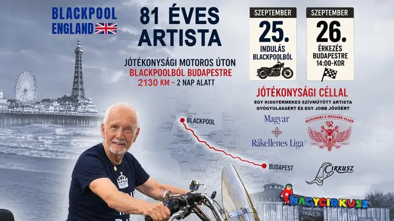 A 81 éves artistaművész másfél nap alatt tekert Blackpoolból Budapestre
